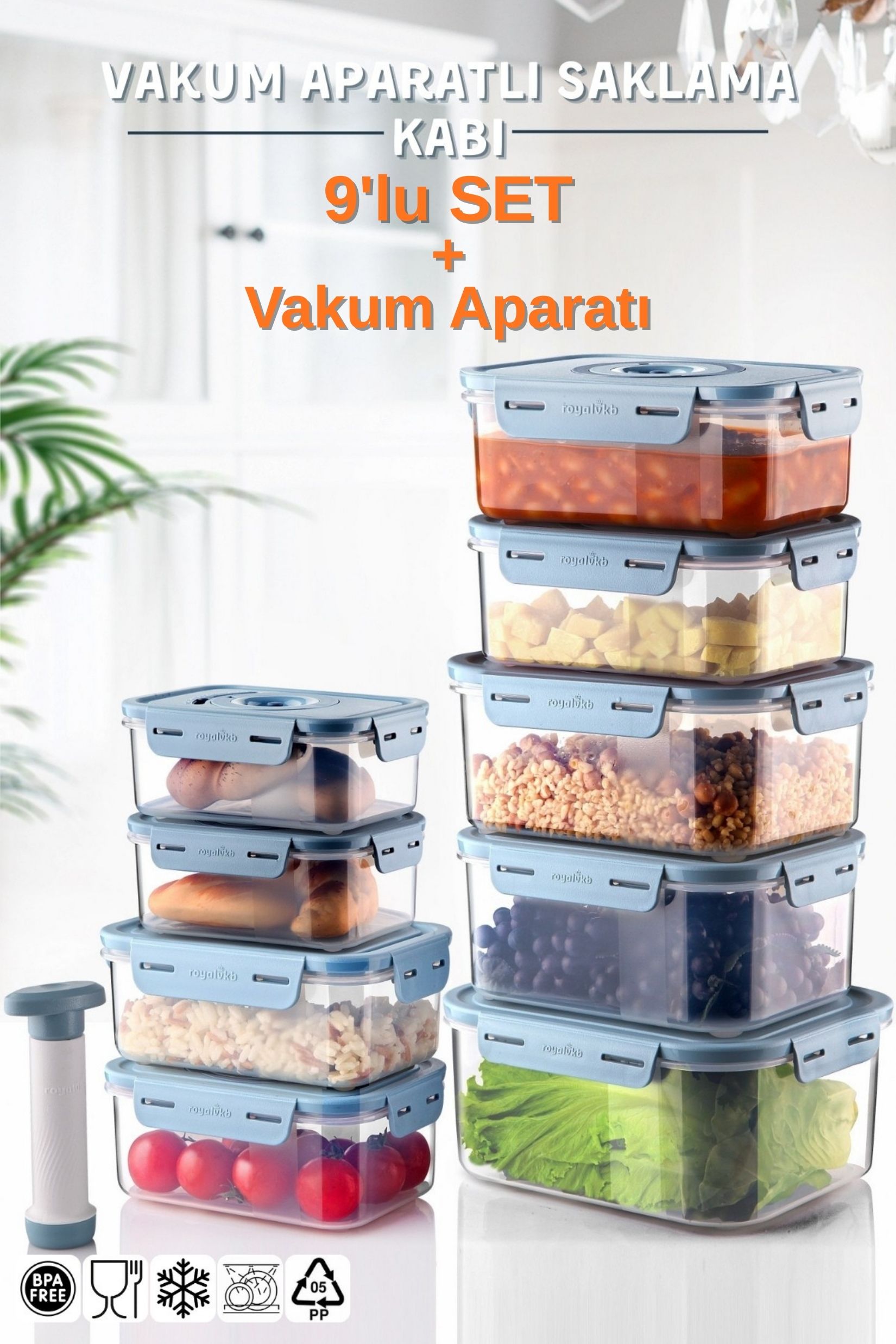 9'Lu Set Vakum Aparatlı Mikrodalga ve Difrizde Kullanılabilen Saklama Kabı