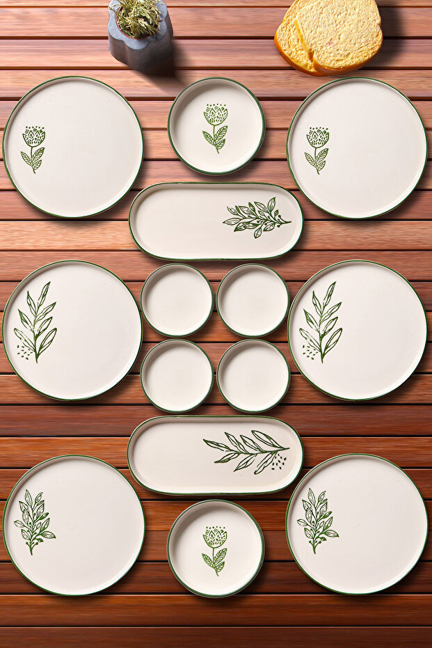 14 Parça 6 Kişilik Handmade Yeşil Çiçek Kahvaltı Takımı - Lüx Kahvaltılık Sunum Seti - Görsel 3