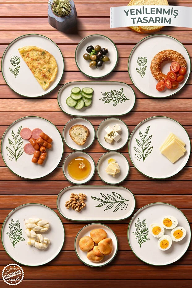 14 Parça 6 Kişilik Handmade Yeşil Çiçek Kahvaltı Takımı - Lüx Kahvaltılık Sunum Seti - Görsel 4
