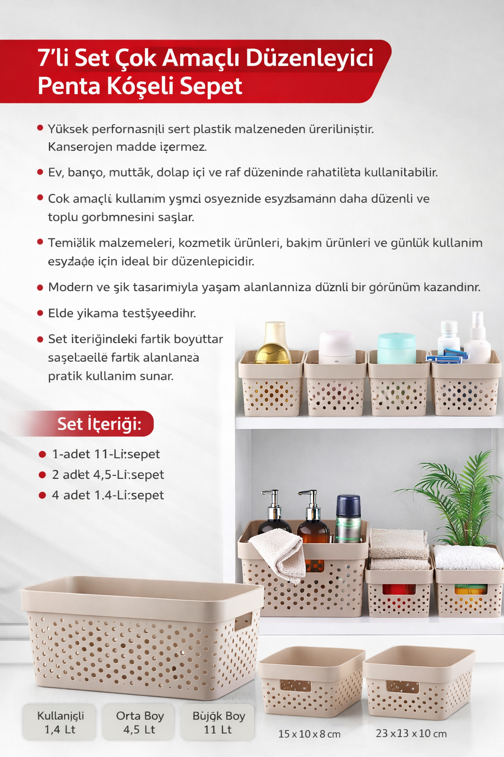 7 parça Çok Amaçlı düzenleyici Penta köşeli sepet bej - Görsel 3