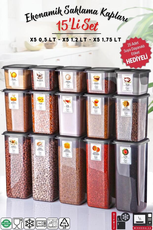 Etiketli 15'li Antrasit Ekonomik Kırılmaz Saklama Kabı