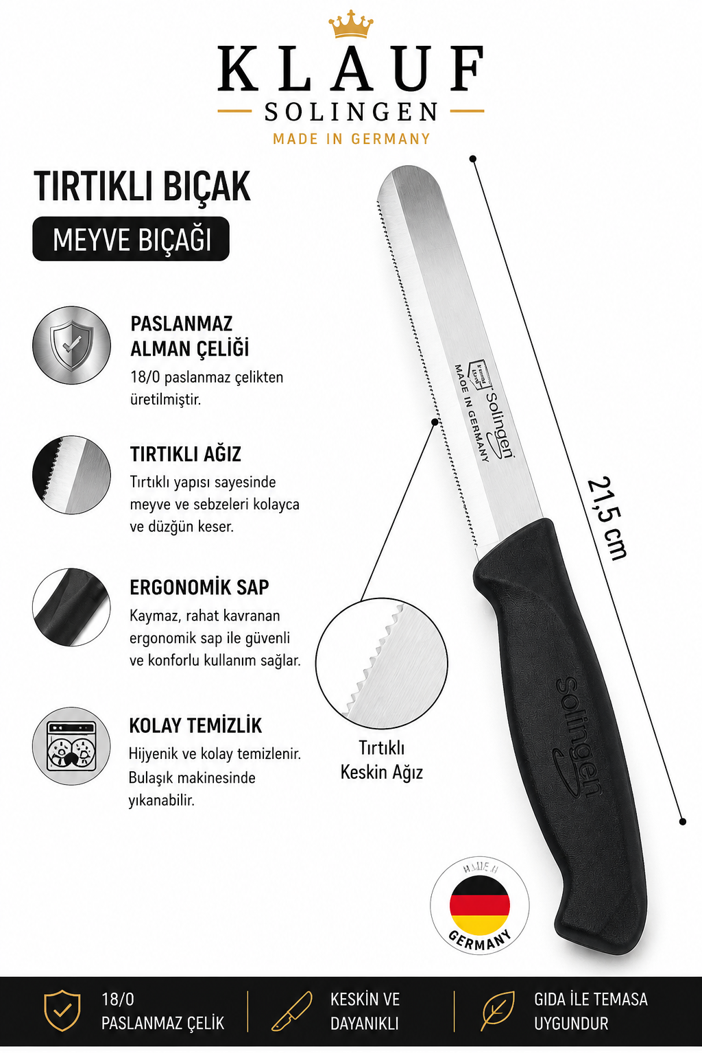 Tırtıklı Bıçak, 21,5 cm, Paslanmaz Alman Çeliği, Ergonomik Sap (Tekli), Meyve Bıçağı Siyah - Görsel 4