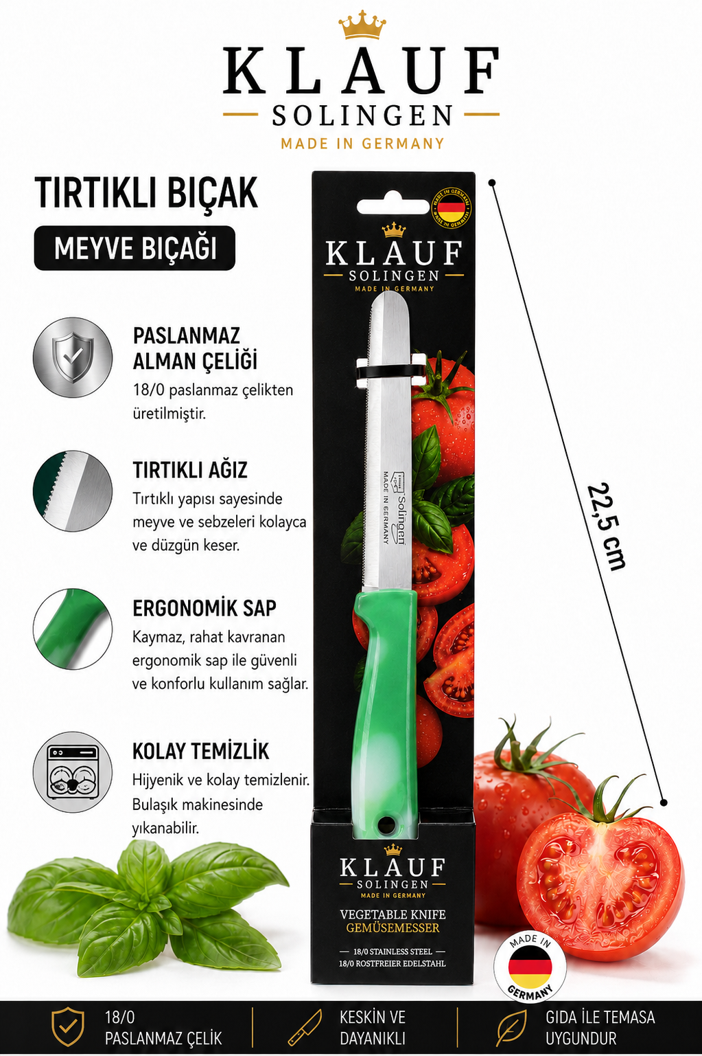 Tırtıklı Bıçak, 22,5 cm, Paslanmaz Alman Çeliği, Ergonomik Sap (Tekli), Meyve Bıçağı Yeşil - Görsel 3