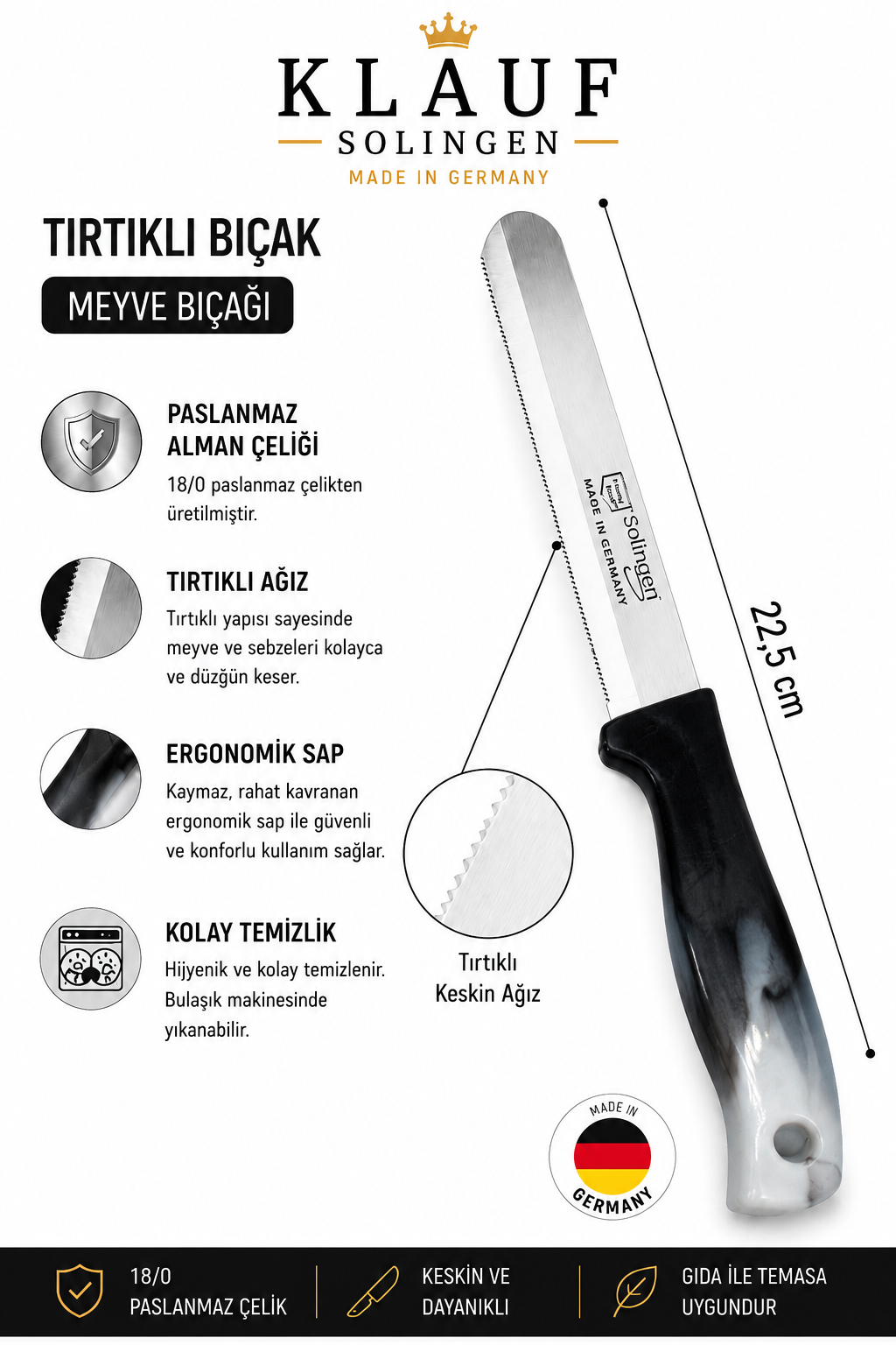 Tırtıklı Bıçak, 22,5 cm, Paslanmaz Alman Çeliği, Ergonomik Sap (Tekli), Meyve Bıçağı Siyah-Gri - Görsel 3