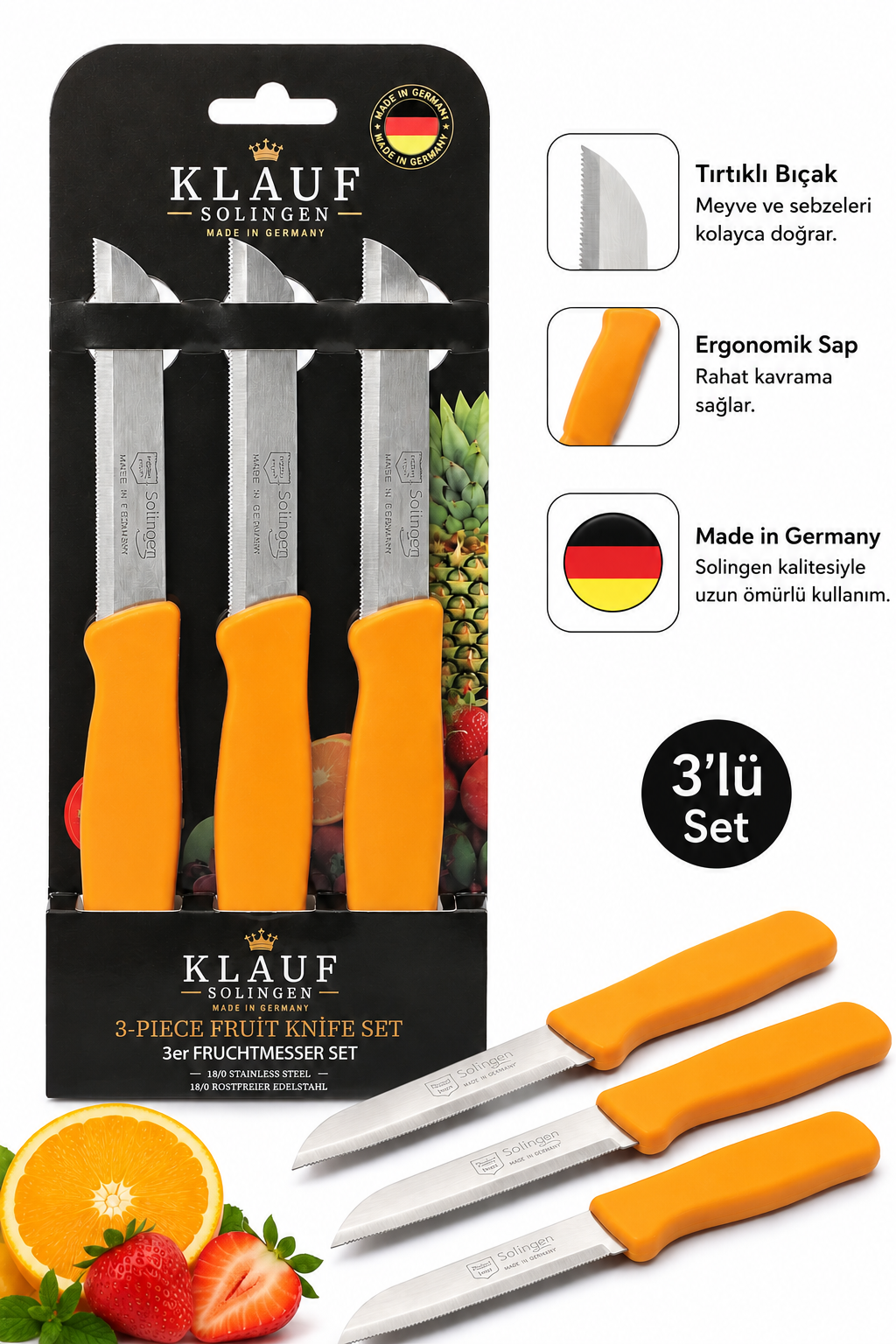 3'lü Tırtıklı Bıçak, 18 cm, Paslanmaz Alman Çeliği, Ergonomik Sap, Meyve Bıçağı Mat Turuncu