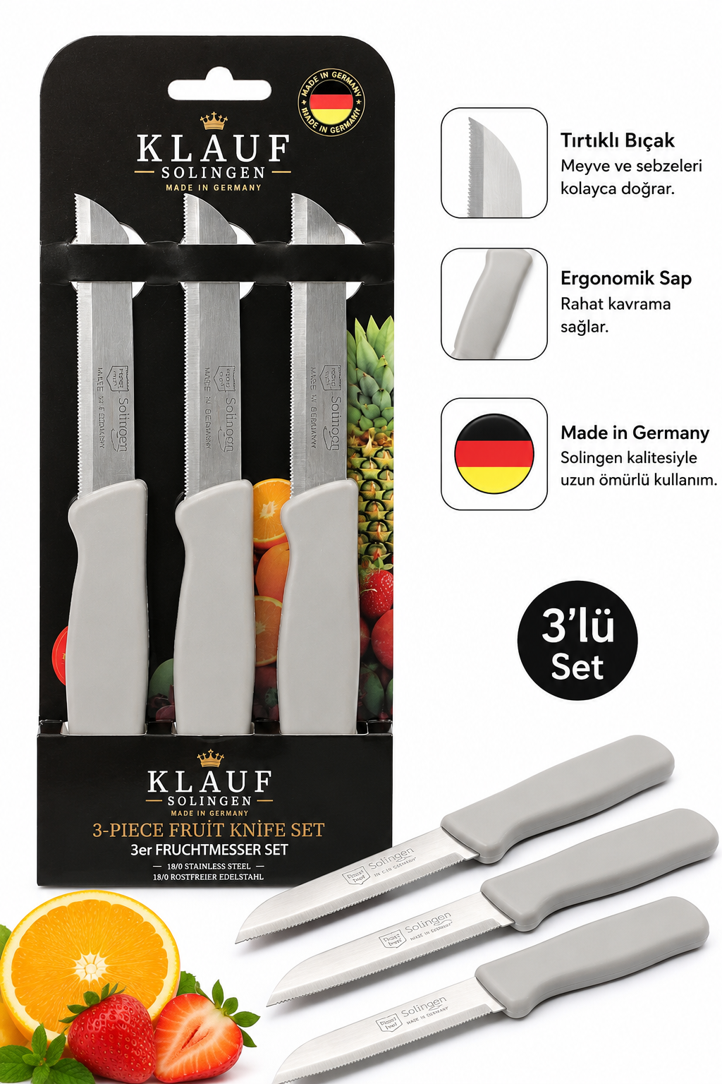 3'lü Tırtıklı Bıçak, 18 cm, Paslanmaz Alman Çeliği, Ergonomik Sap, Meyve Bıçağı Mat Gri