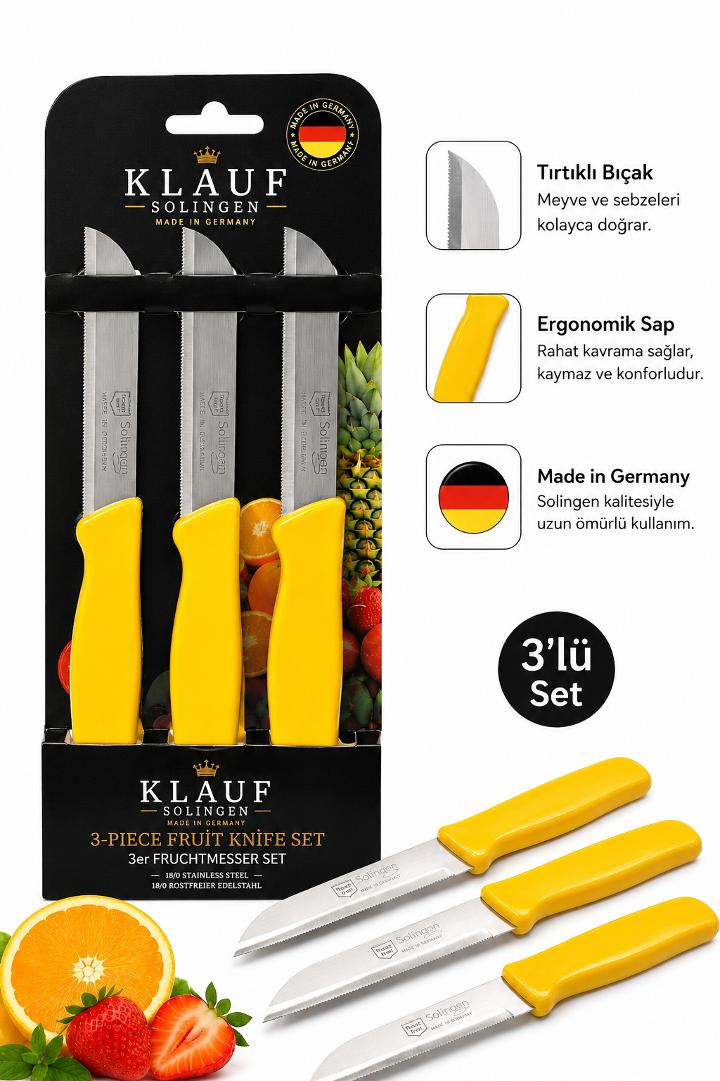 3'lü Tırtıklı Bıçak, 18 cm, Paslanmaz Alman Çeliği, Ergonomik Sap, Meyve Bıçağı Parlak Sarı