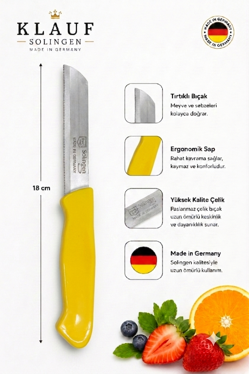 3'lü Tırtıklı Bıçak, 18 cm, Paslanmaz Alman Çeliği, Ergonomik Sap, Meyve Bıçağı Parlak Sarı - Görsel 3