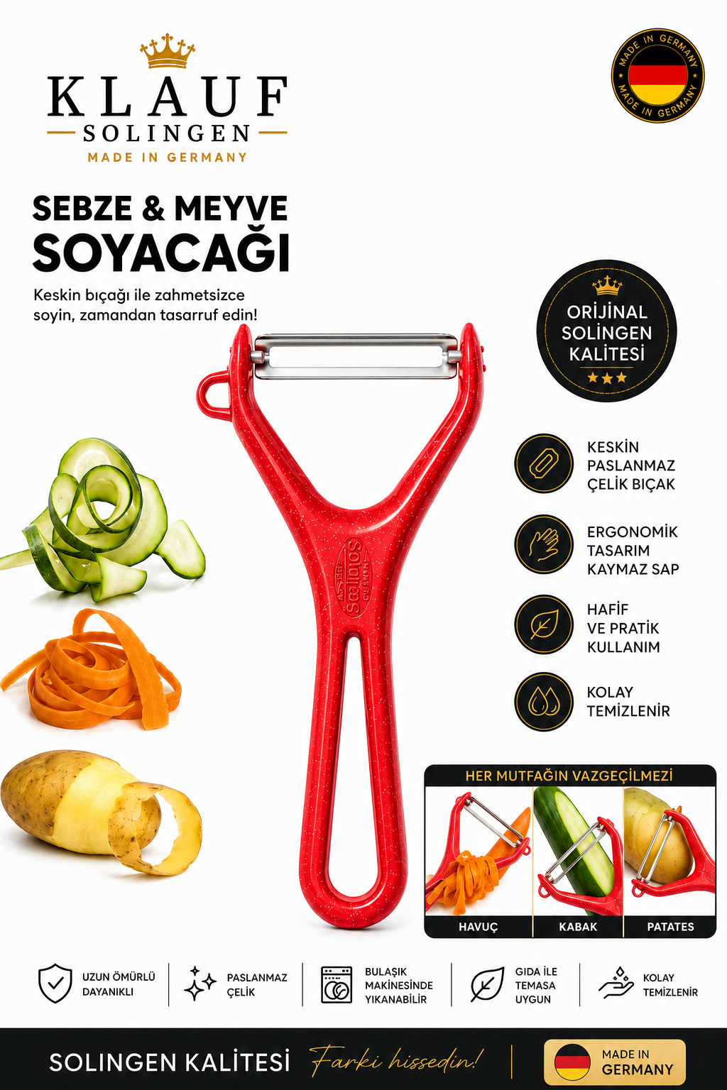 Meyve Sebze Soyacağı Paslanmaz Çelik Profesyonel Soyacak, Paslanmaz Alman Çeliği Kırmızı Simli - Görsel 4